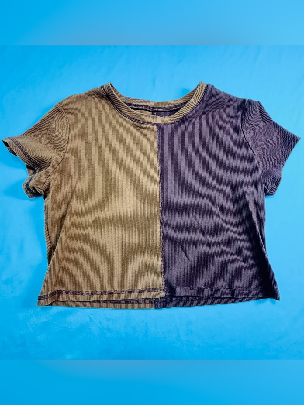 Two-Tone Ribbed Short Sleeve Top - Brown & Dark Brown W671